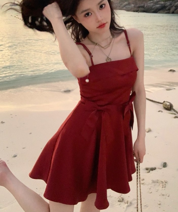 New style women's suspender skirt sweet temperament bow dress R4952