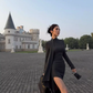 High-grade grey long-sleeved dress 2025 waist-hugging hip-wrapped slit long skirt R1283