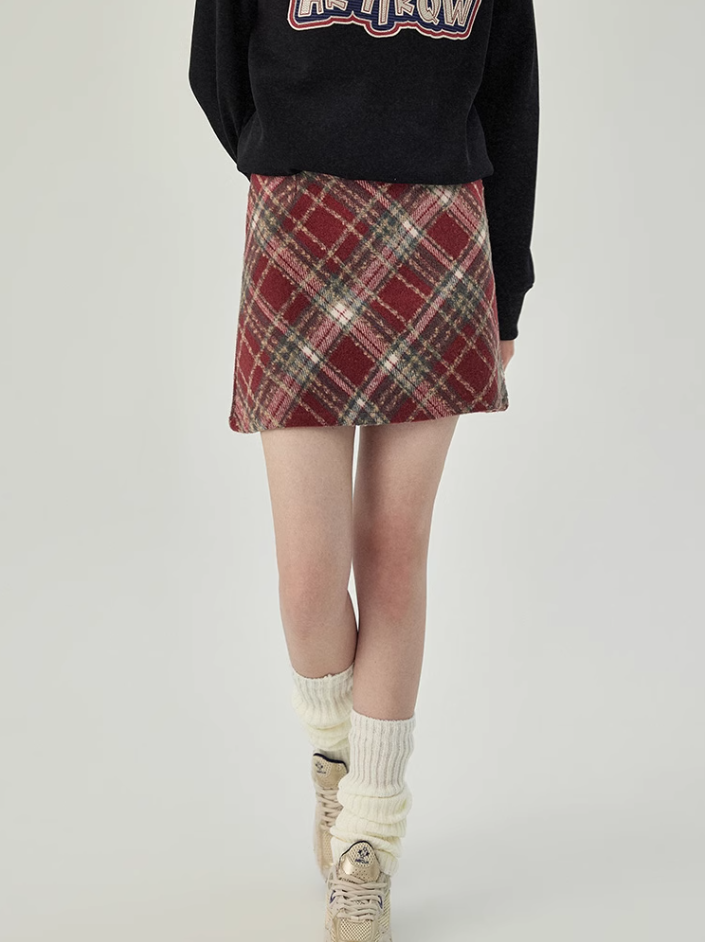 Red plaid a-line skirt 2025 new style hip skirt small slim short skirt R2369