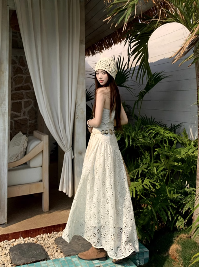Gentle white moonlight dress hollow embroidery unique waist skirt wear tube top skirt R1704