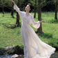 White dress, super fairy temperament chiffon skirt, waist slimming V-neck long sleeve long skirt R1707