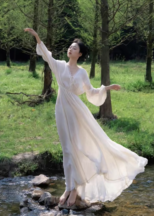 White dress, super fairy temperament chiffon skirt, waist slimming V-neck long sleeve long skirt R1707