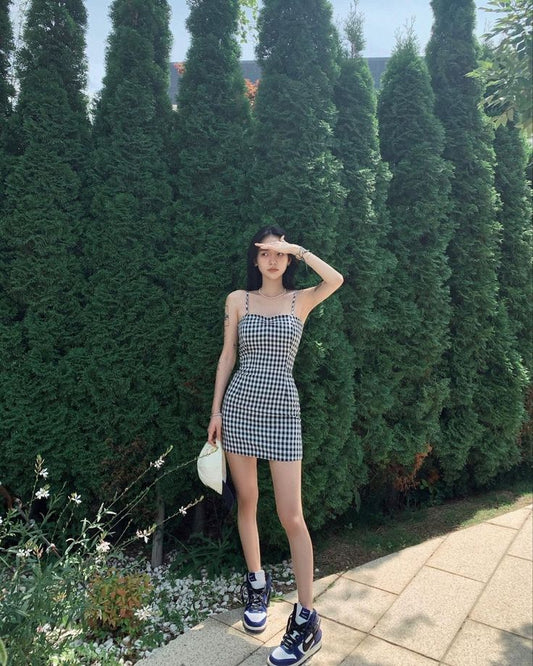 Black and white checkered suspenders waist slim short skirt homecoming dress R3254