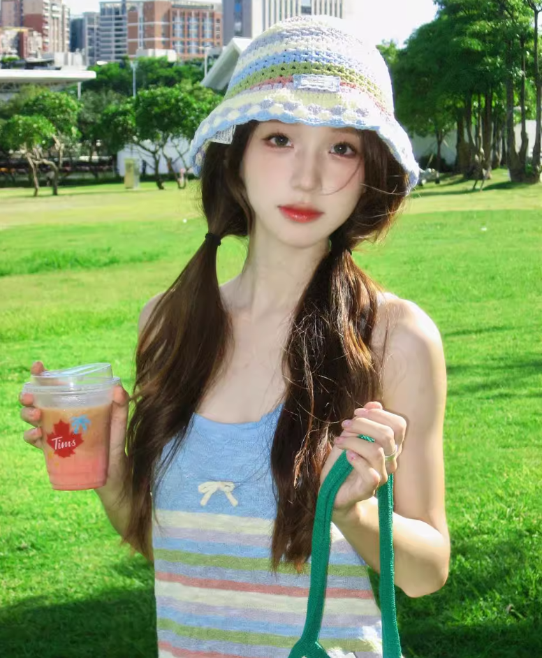 Sweet dopamine rainbow striped knitted dress small sling hip skirt pure desire forest style R1640