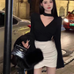 Royal sister style V-neck slim bottoming top 2025 plus size hot girl hip leather skirt suit R1033