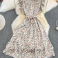 2025 Summer Gentle Style Sweet Ruffled Stand Collar Waist Slim Floral Chiffon Lotus Sleeve Dress R0408