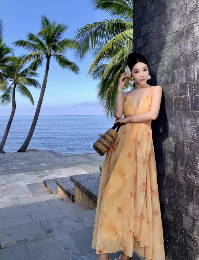 Vacation wear backless long dress beach dress island style suspender dress beach dress R1604