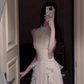 French style white sleeveless halter dress with gentle temperament, ruffled waist and slimming A-line long skirt R0433