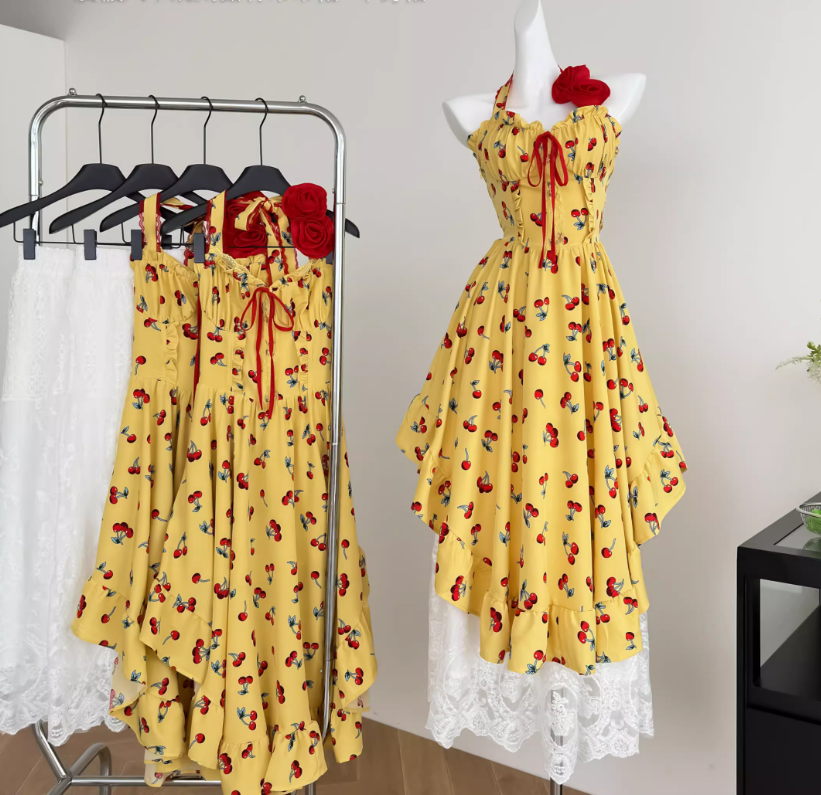 Yellow holiday style irregular backless suspender skirt + skirt R2032