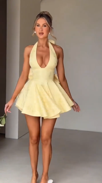 Apricot halter neck suspenders low cut sexy slim short skirt homecoming dress R3760