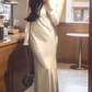 French V-neck satin long-sleeved dress, elegant waist and hip-hugging beautiful long dress R1462
