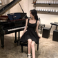 French Hepburn style square neck suspender little black dress new waist bow A-line dress R4415