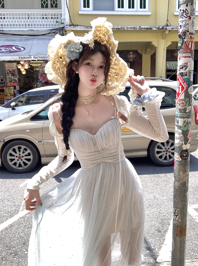 Long V-neck mesh suspender dress summer French loose slim skirt R4910