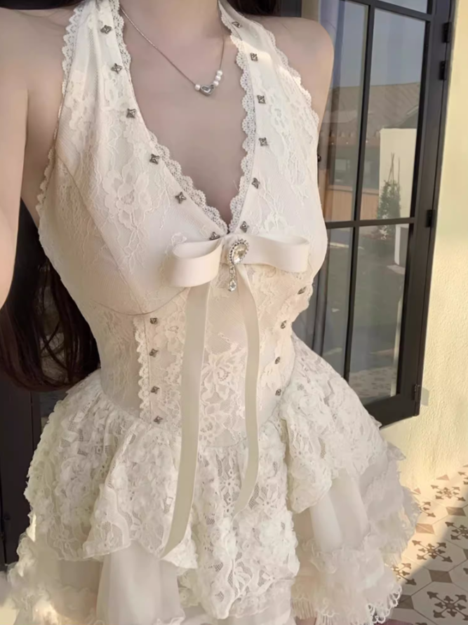 Pure desire style V-neck beaded halter dress 2025 lace waist tutu skirt R1392