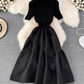 New round neck knitted waist slimming A-line jacquard dress elegant temperament long skirt R0362