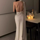 French satin off-shoulder floral dress 2025 backless ribbon evening dress R1383