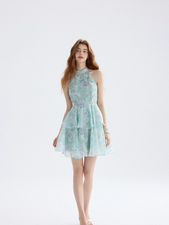 Floral dress halter neck suspender skirt short skirt vacation wear skirt women summer R3453