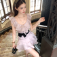 Purple waist round neck ruffled suspender dress women's summer skirt R4659