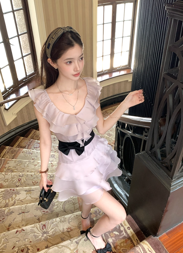 Purple waist round neck ruffled suspender dress women's summer skirt R4659