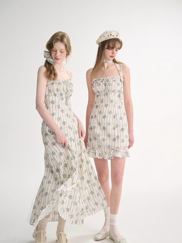 French floral suspender dress tea break small fresh sleeveless long dress R2691