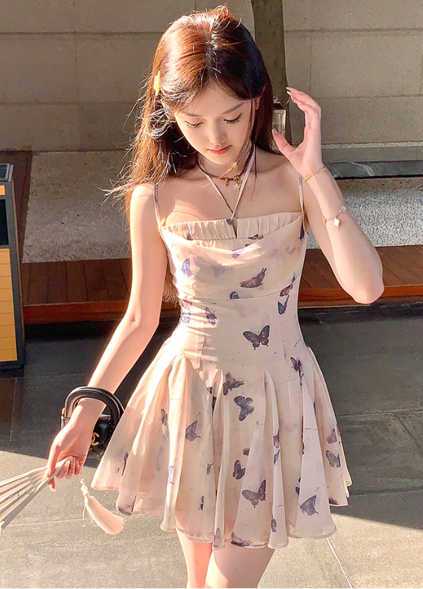 Butterfly print neckline waist A-line suspender dress summer French temperament slim skirt R5027