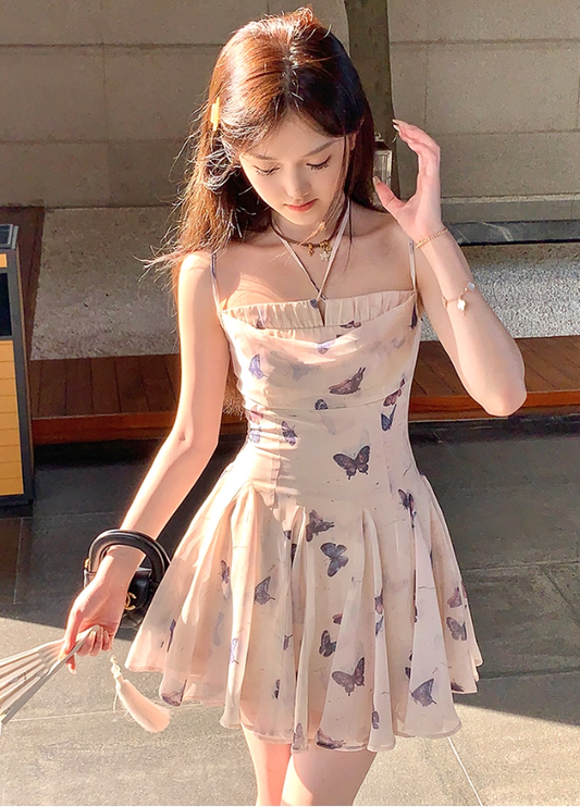 Butterfly print neckline waist A-line suspender dress summer French temperament slim skirt R5027