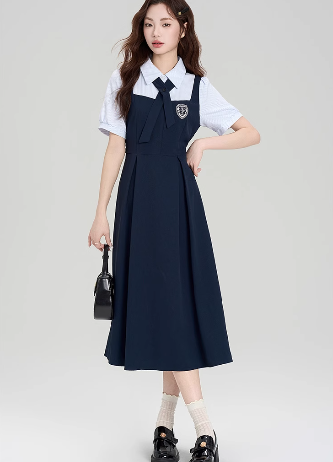 College style outfit waist temperament commuting fake two-piece dress R2393