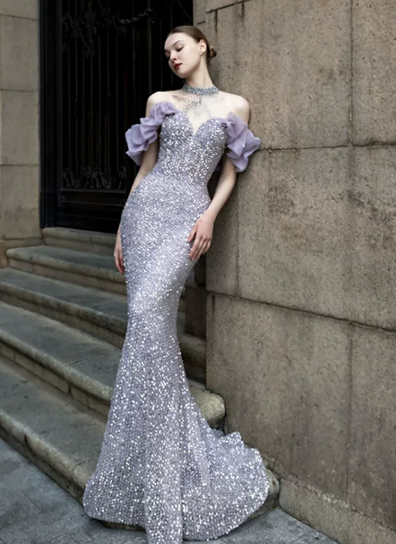Sequins Glitter Bodycon Prom Gown , Sliver Women's Maxi Evening Dress Party Dress RS2385