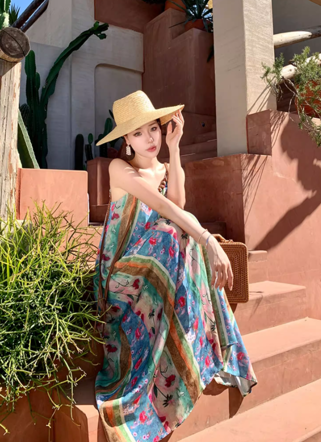 Travel wear beach dress retro travel seaside vacation floral suspender dress R1585