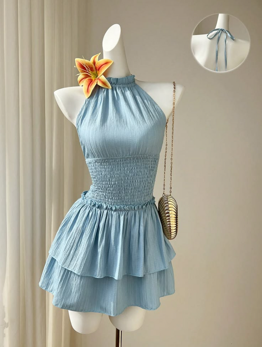 Elegant Blue Homecoming Dress ,A-Line High Collar Corset Short Prom Dress RS946