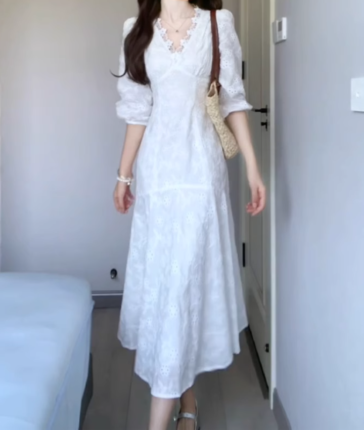 Large size French temperament embroidery design dress gentle slim fishtail long skirt R1828
