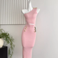 Temperament pure pink gold button off-shoulder short knitted versatile top slim skirt fashion suit R0277