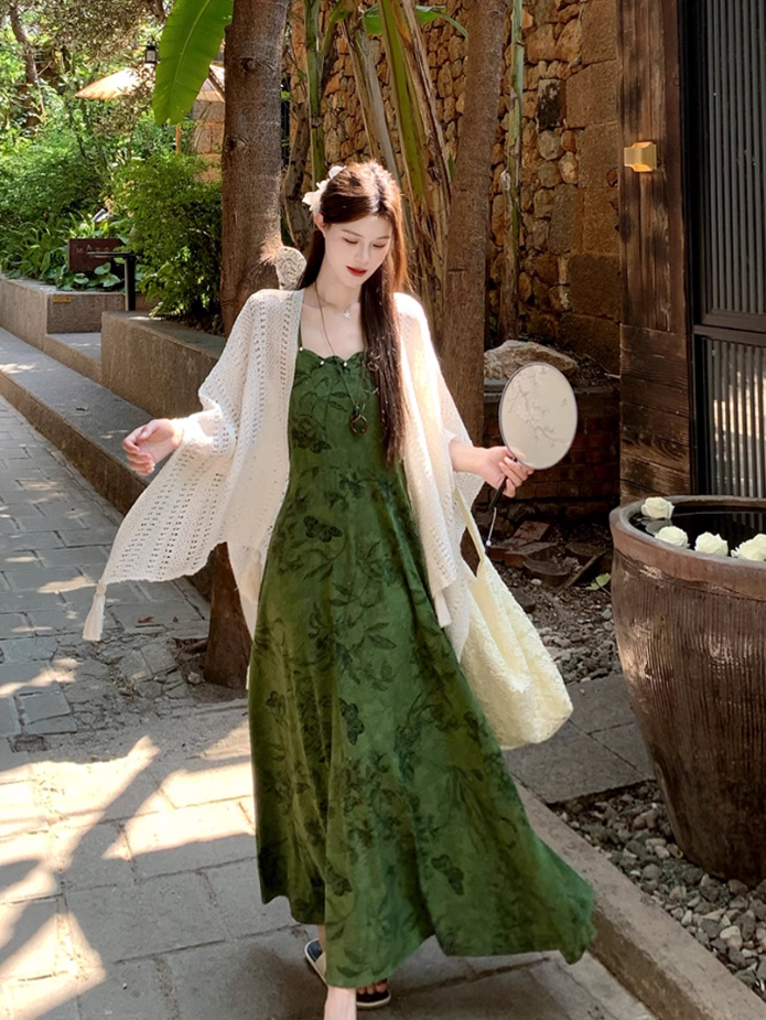 Dark green jacquard dress retro Chinese style suspender long skirt plus cardigan two-piece set R1736