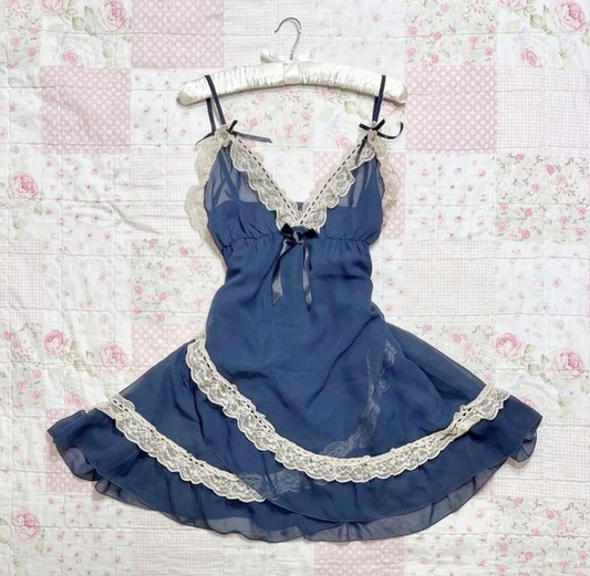 Cute Navy Homecoming Dress ,A-Line V-neck Lace Trim Short Prom Dress Cami Dress RS947
