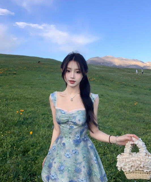 Bluish-green suspender lace-trimmed slim-fitting A-line skirt homecoming dress R2512