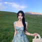Bluish-green suspender lace-trimmed slim-fitting A-line skirt homecoming dress R2512