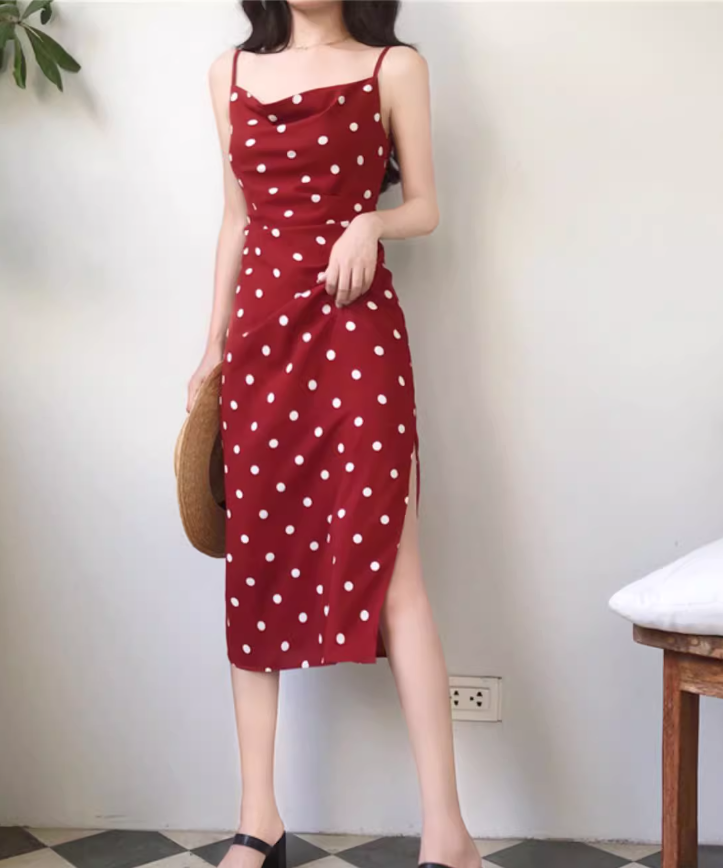 Retro mid-length polka dot dress French style holiday style sexy slim suspender skirt R1495