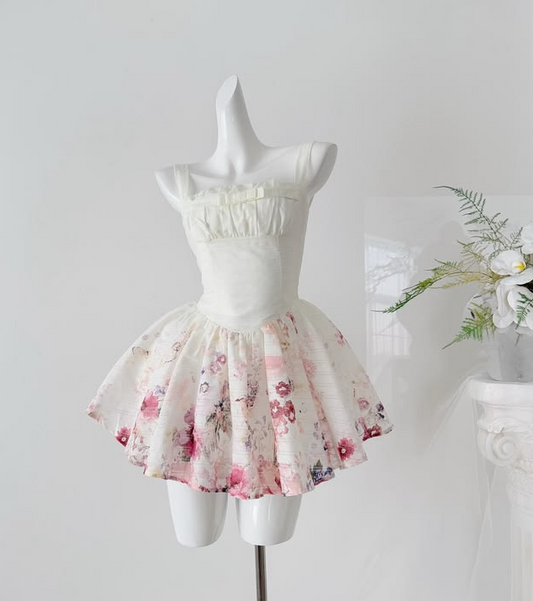 Charming White Floral Homecoming Dress ,A-Line Spaghetti Straps Corset Short Prom Dress Cami Dress RS949