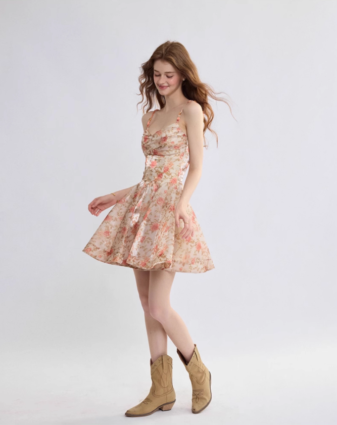 French suspender dress floral dress holiday wear short skirt R2698