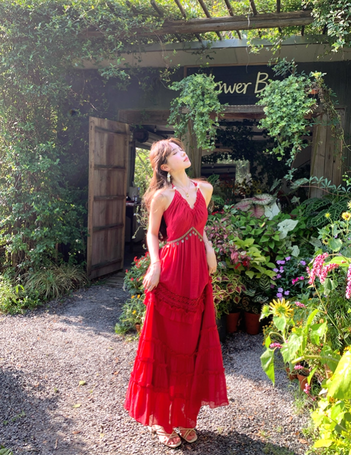 Red long v-neck off-shoulder waist halter dress summer French temperament sexy skirt R4579