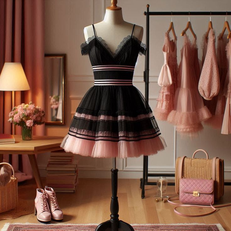 Black suspender lace-trimmed fluffy princess short skirt homecoming dress R2544