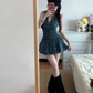American style dress sleeveless halter top, checkered top, short skirt design, homecoming dress R2991