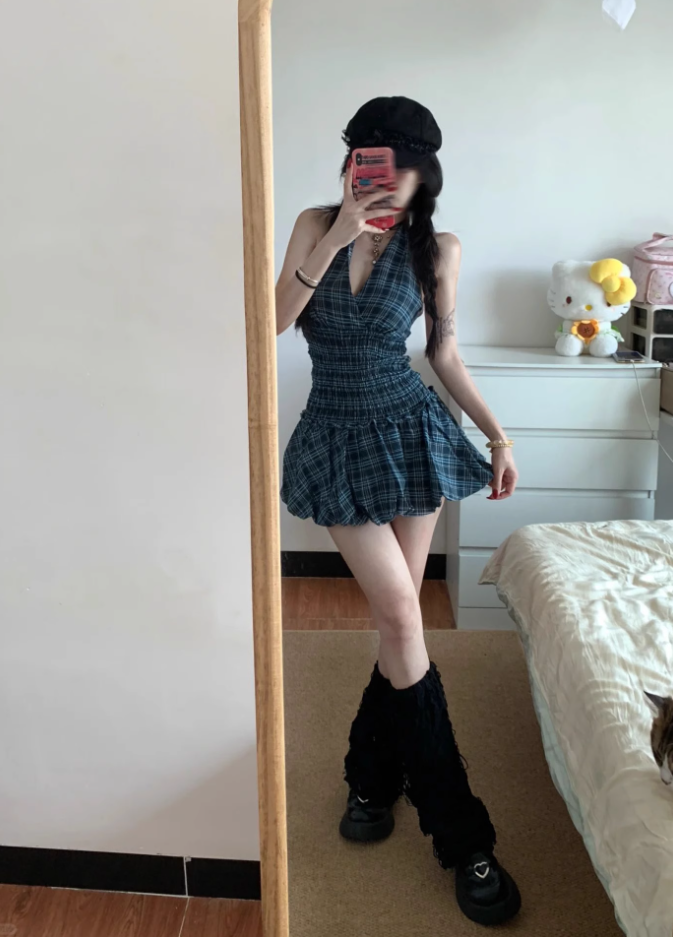 American style dress sleeveless halter top, checkered top, short skirt design, homecoming dress R2991