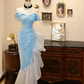 Pink off-the-shoulder fitted waist slim-fitting ruffled skirt wedding dress R6586