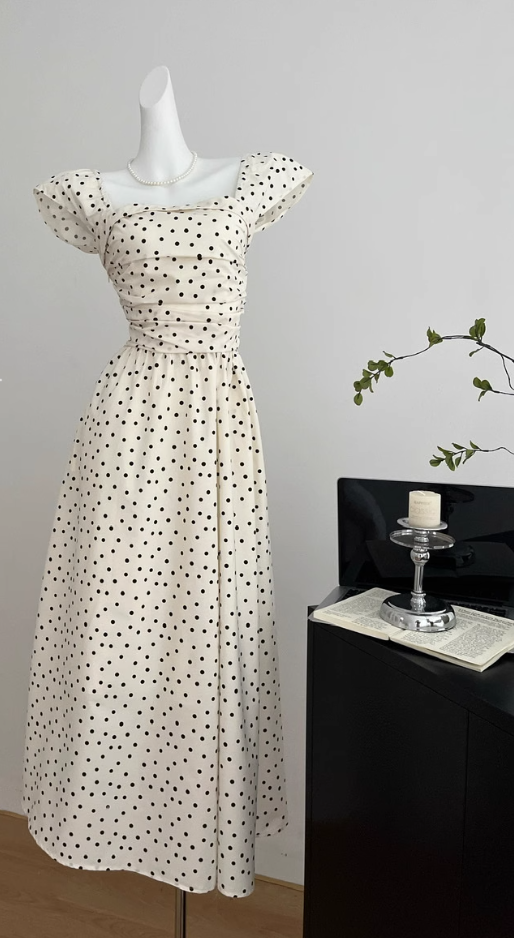 French style small flying sleeve polka dot dress temperament slim long skirt design R2052