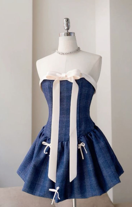 Cute Navy Plaid Homecoming Dress ,A-Line Strapless Bowknot Decor Short Prom Dress RS954
