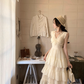 French retro V-neck ruffled cake skirt sleeveless gentle style holiday long skirt R4298