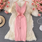 Elastic tight knitted vest skirt new summer style temperament V-neck zipper slit feminine hip dress R0368