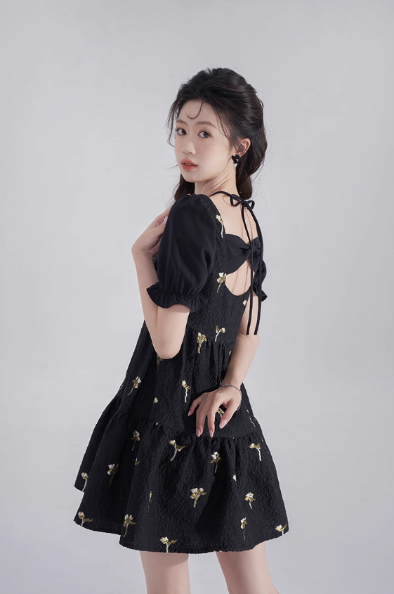 Black hollow high-end short skirt sweet jacquard baby doll skirt summer back bow dress for women R4114