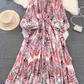 Fashion lantern long sleeve round neck waist a-line print irregular dress elegant long skirt R0404